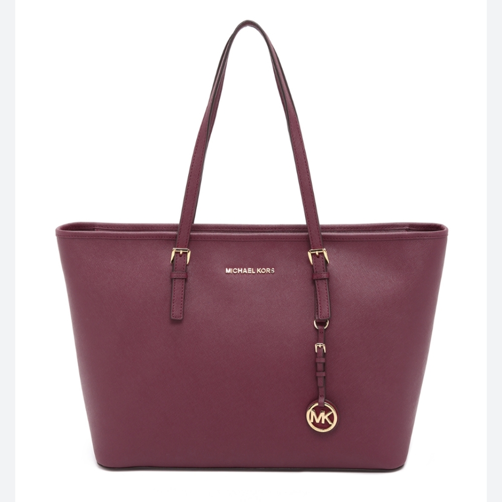 Michael Kors Jet Set Travel Luggage Leather Oxblood Burgundy Large Tote Bag.